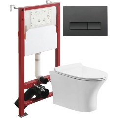 Изображение товара Унитаз с инсталляцией подвесной безободковый белый с микролифтом, кнопка смыва черная Orange CI01-100W+APB244