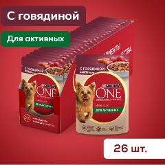 Изображение товара Влажный корм для взрослых собак мелких и карликовых пород Purina ONE Mini при активном образе жизни с говядиной, картофелем и морковью в подливе 26шт*85г