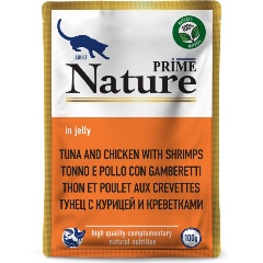 Изображение товара Влажный корм для кошек PRIME NATURE Тунец с курицей и креветками в желе пауч 100г*12 шт