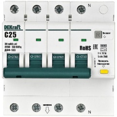 Изображение товара Дифференциальный автомат DEKraft 3P+N C 25А 30мА AC ДИФ-103 6кА, 16403DEK