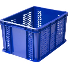 Изображение товара Ящик ТАРА п/э 400х300х230 дно сплошное, стенки перфорированные, с внешней ручкой цв. синий