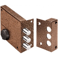 Изображение товара Замок накладной ЭЛЬБОР Кремень 1.04.61.КМА никель, сув., 3 риг., зап. коробка, медный антик