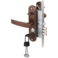 Изображение товара Замок врезной сувальдный с защёлкой в компл с ручкой САМ ЗВ9-8.3/13(КЛП5-85)прав (медн ант), 3 кл/88010/
