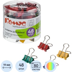 Изображение товара Зажимы для бумаг Комус 19мм 48шт./уп. Комус цветные, в пласт. боксе