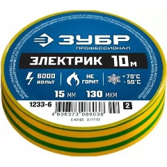 Изображение товара Изолента ЗУБР Электрик-10 желто-зеленая ПВХ, 10м х 15мм, 1233-6_z02