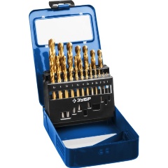 Изображение товара Набор сверл ЗУБР ТИТАН 19шт(1-10мм), по металлу, сталь Р6М5, класс А, титиновое покрытие, мет.бокс