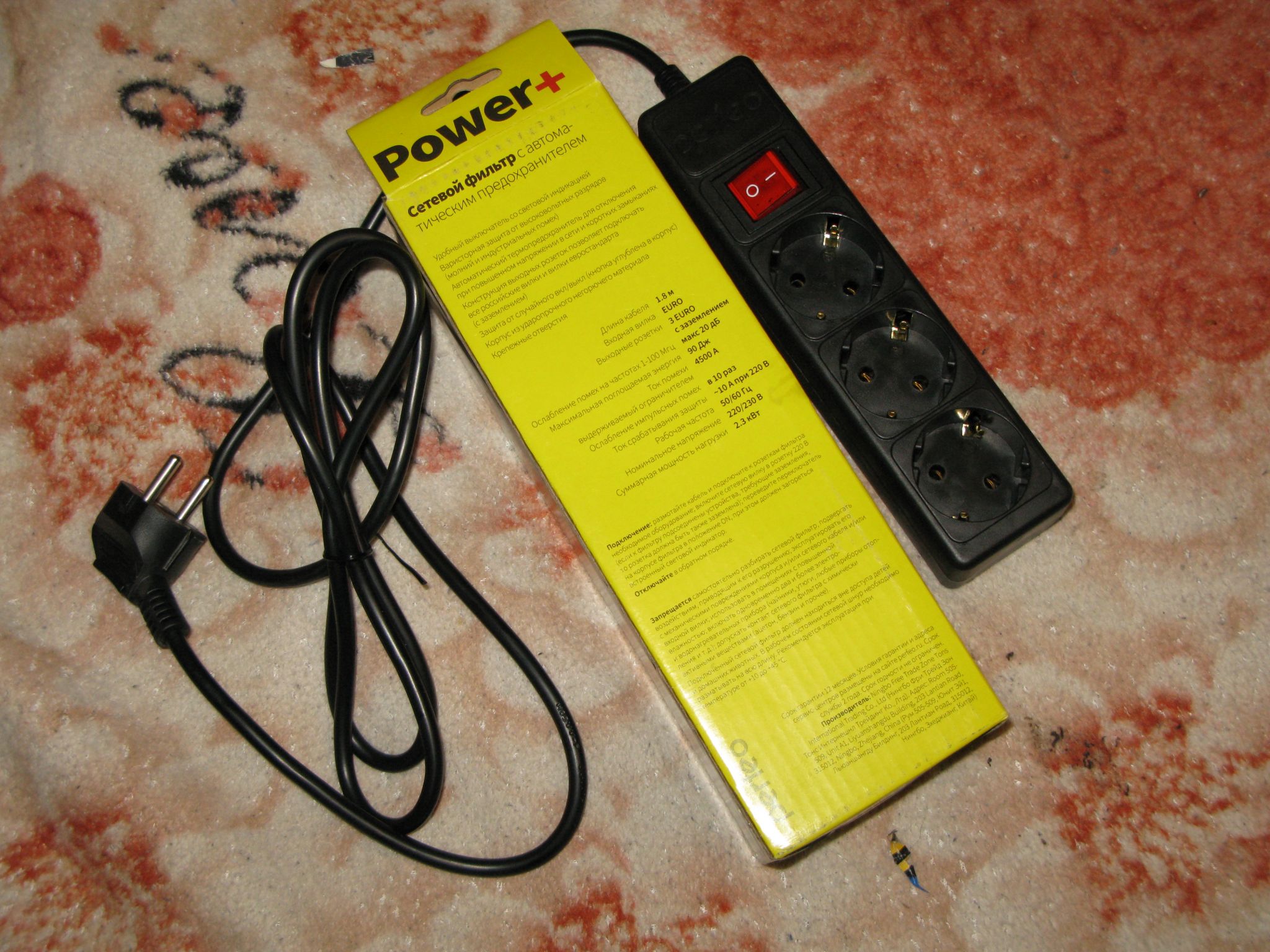 Сетевой фильтр Perfeo POWER+, 1,8м, 3 розетки, черный (PF-PP-3/1,8-B ...
