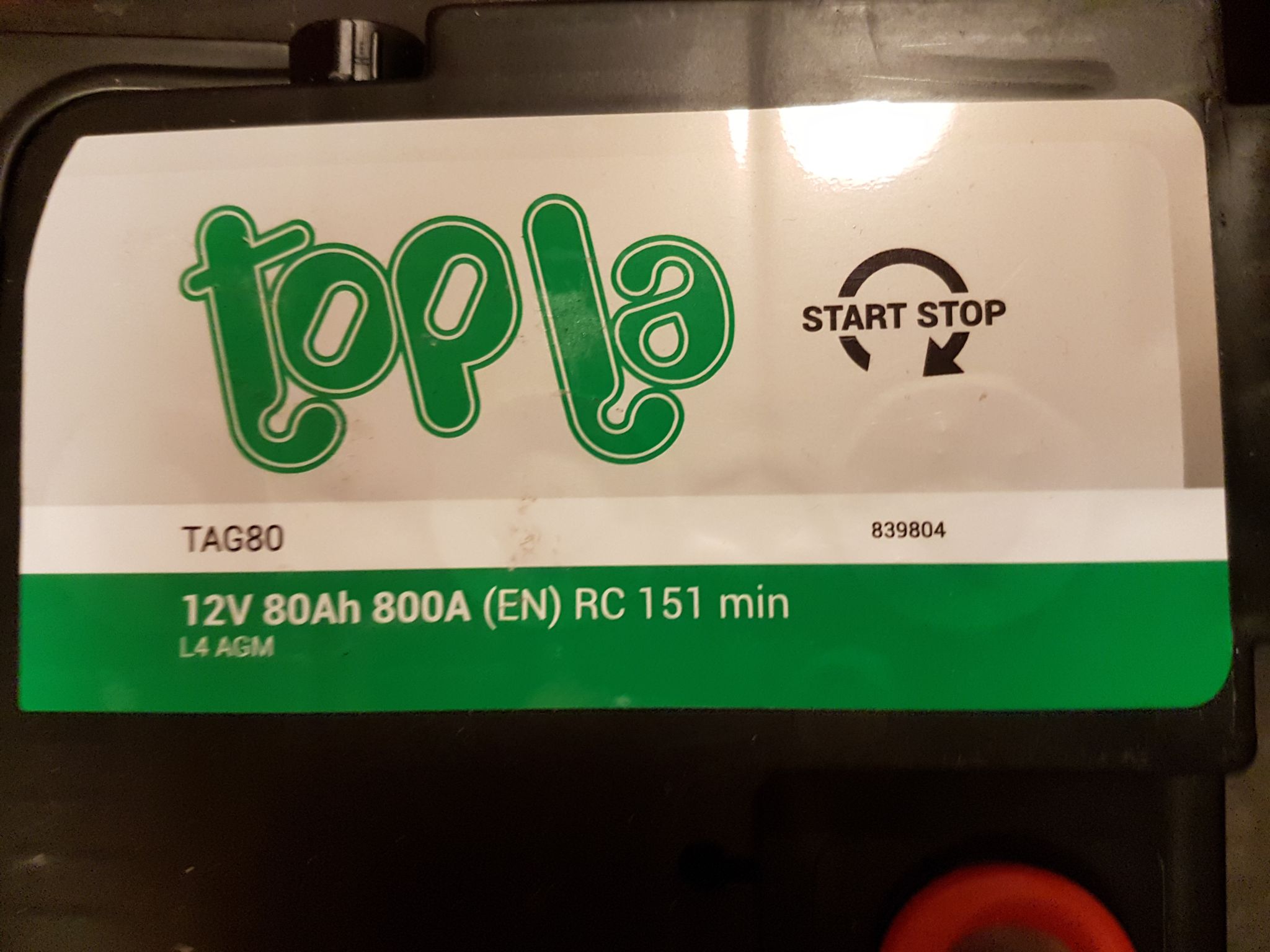 Аккумулятор TOPLA L4 AGM TAG80 (114080), 315x175x190, обратная ...