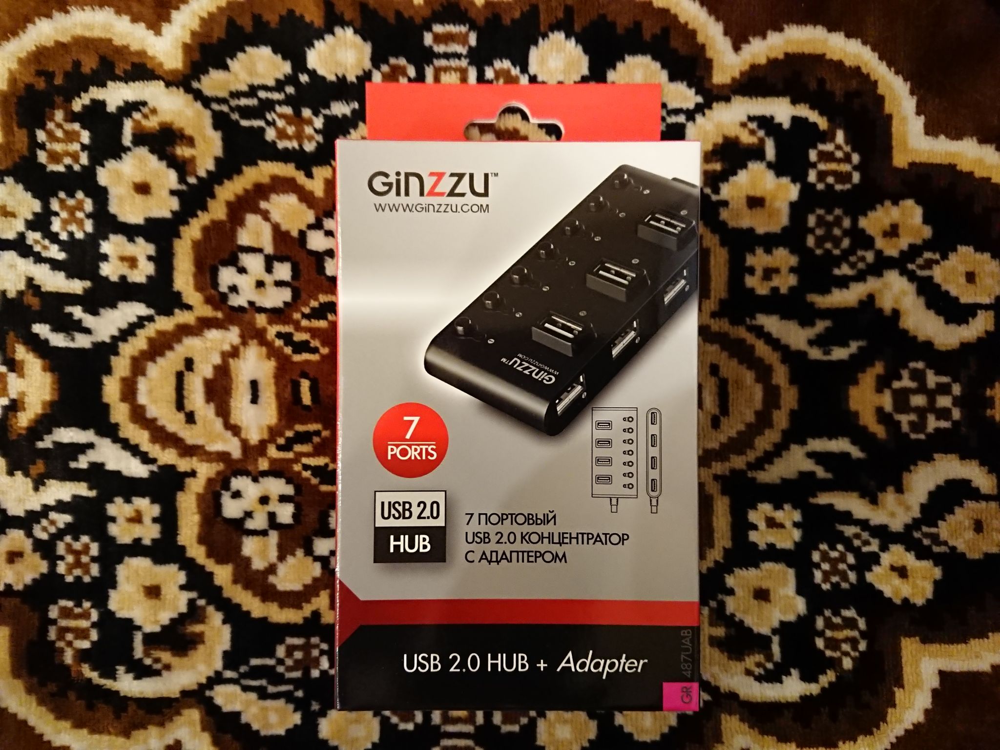 Разветвитель USB GiNZZU GR-487UAB (7 портов USB 2.0 + адаптер) черный ...