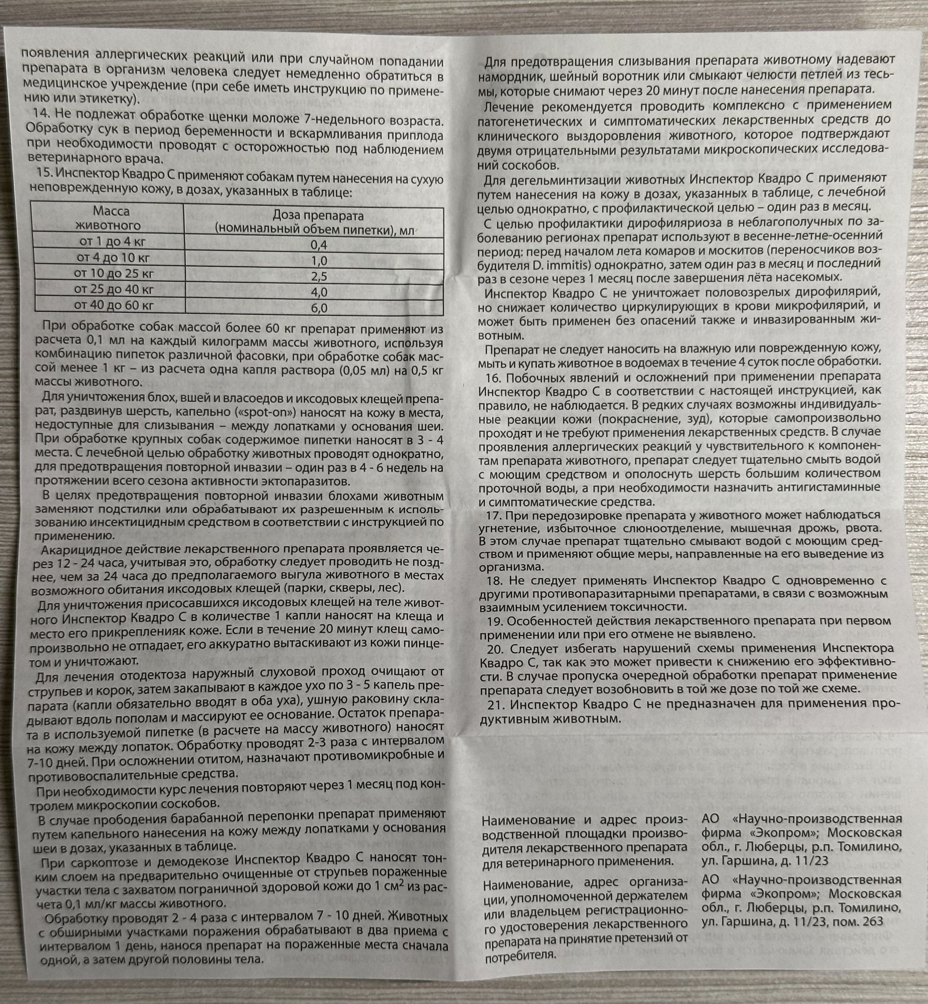 Капли на холку Inspector Quadro для собак 1-4кг, 3 шт 84119 — купить по ...